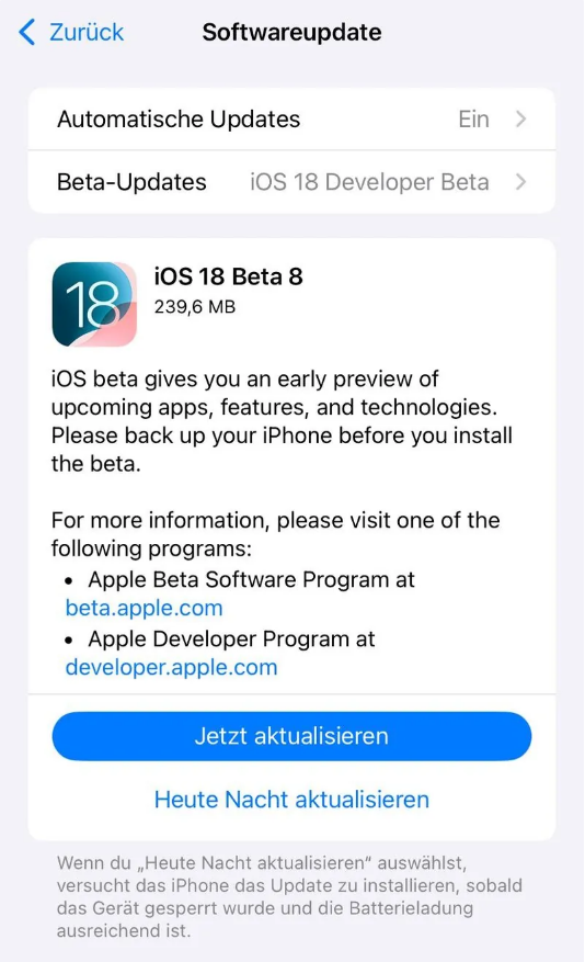 郾城苹果手机维修分享苹果 iOS / iPadOS 18 开发者预览版 Beta 8 发布 